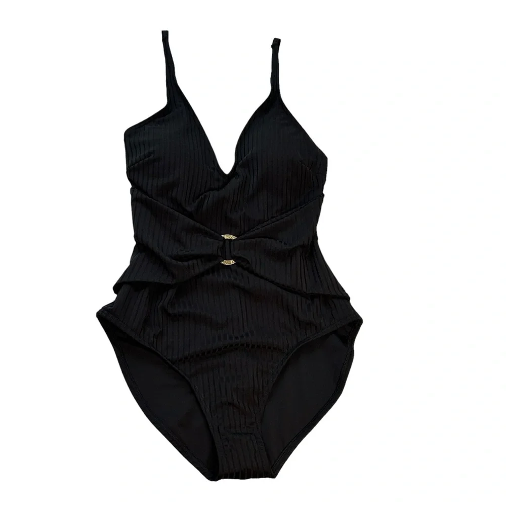 Michael Michael Kors One Piece Swimsuit Black Ribbed Size 10 Waist Sash Logo NWT